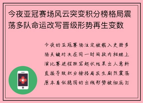 今夜亚冠赛场风云突变积分榜格局震荡多队命运改写晋级形势再生变数 今夜亚冠赛场风云突变积分榜格局震荡多队命运改写晋级形势再生变数
